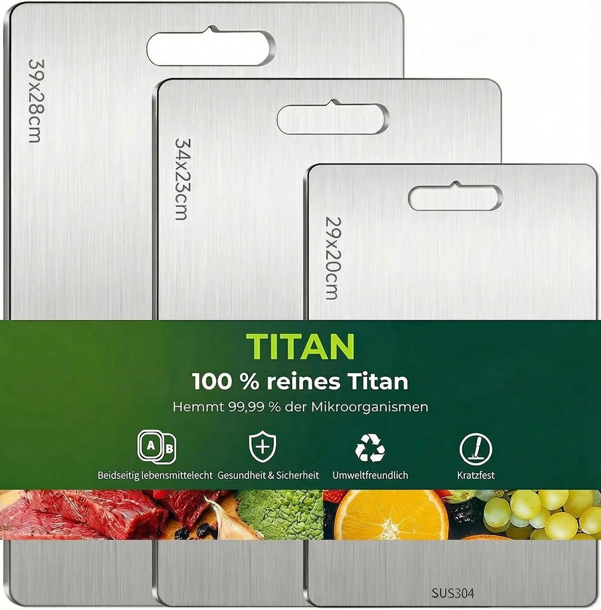 3 Stück Titan Schneidebrett, Titanium Cutting Board, Edelstahl Schneidebrett, Erstklassige Titan-Schneidebretter, für Fleisch, Brot, Gemüse & Obst, 29x20cm, 34x23cm und 39x28cm