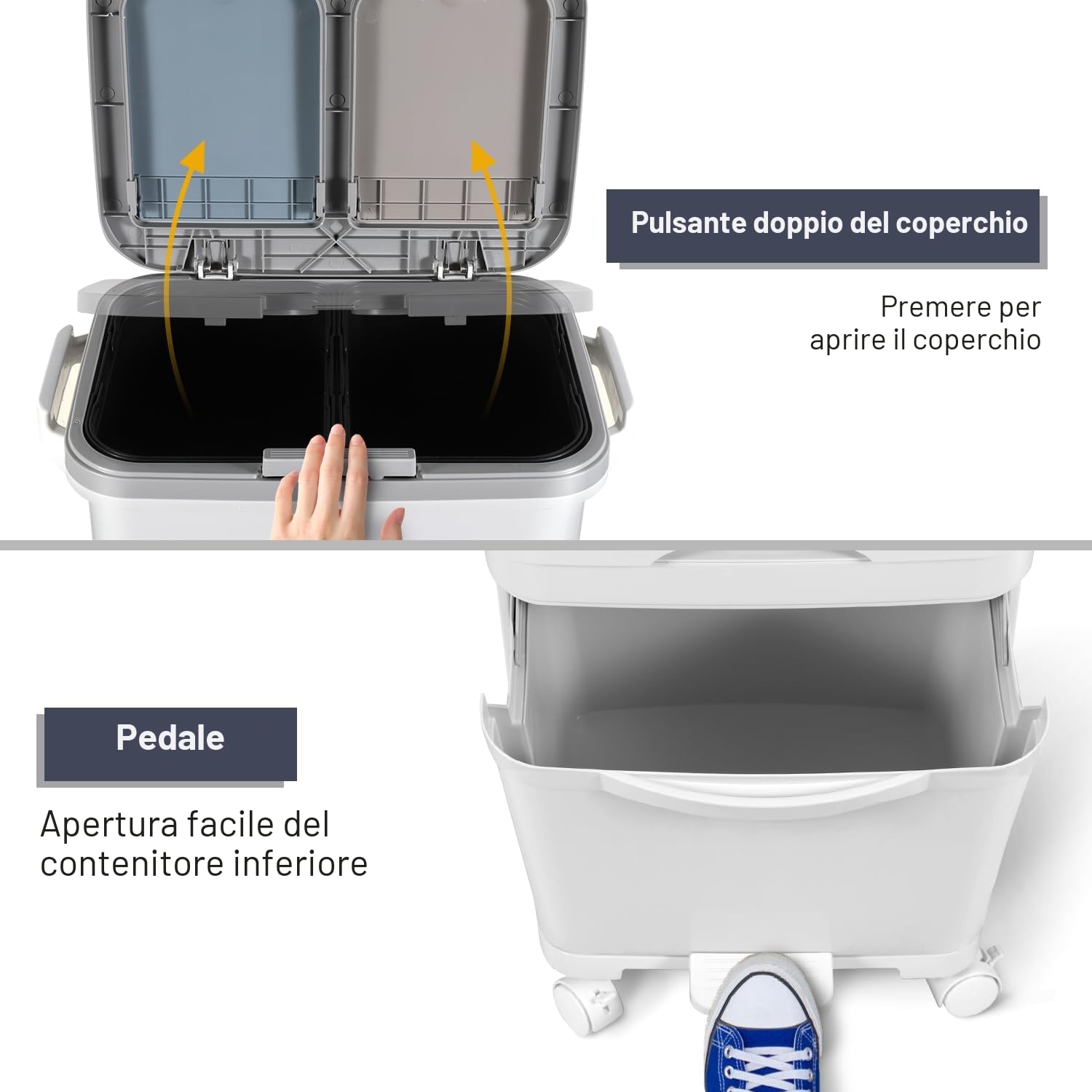 Pattumiera da cucina a 3 scomparti, 42L, separazione umido e secco, coperchio doppio, pedale, ruote, bianco