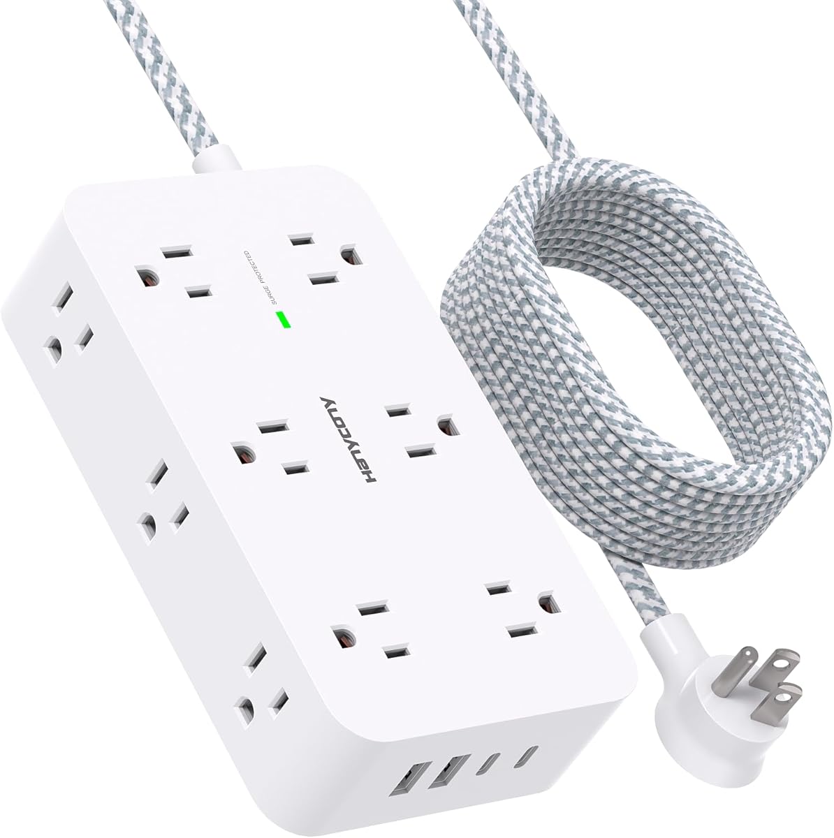 Extension Cord 10 Ft, Power Bar Surge Protector with 12 Outlets 4 USB Ports (2USB C), Large Desk Power Strip with Long Cord, Flat Plug, Wall Mount for Office Home College Dorm Room Essentials, White