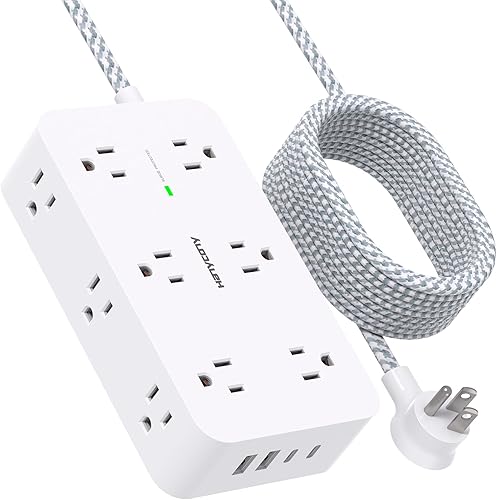 Extension Cord 10 Ft, HANYCONY Surge Protector with 12 Outlets 4 USB Ports (2USB C), Large Desk Power Strip with Long Cord, Flat Plug, Wall Mount for Office Home College Dorm Room Essentials, White