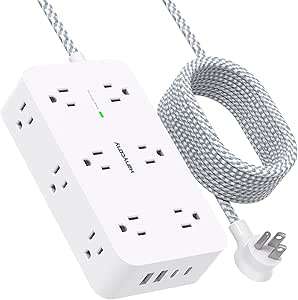 Extension Cord 10 Ft, Power Bar Surge Protector with 12 Outlets 4 USB Ports (2USB C), Large Desk Power Strip with Long Cord, Flat Plug, Wall Mount for Office Home College Dorm Room Essentials, White