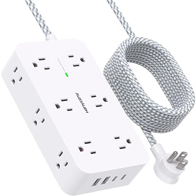Extension Cord 10 Ft, HANYCONY Surge Protector with 12 Outlets 4 USB Ports (2USB C), Large Desk Power Strip with Long Cord, Flat Plug, Wall Mount for Office Home College Dorm Room Essentials, White