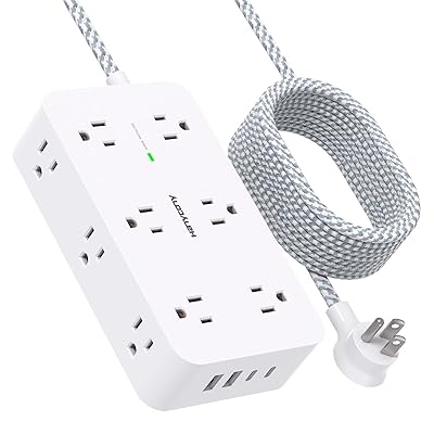 Extension Cord 10 Ft, HANYCONY Surge Protector with 12 Outlets 4 USB Ports (2USB C), Large Desk Power Strip with Long Cord, Flat Plug, Wall Mount for Office Home College Dorm Room Essentials, White