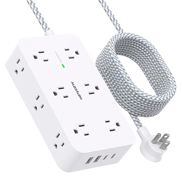 Extension Cord 10 Ft, HANYCONY Surge Protector with 12 Outlets 4 USB Ports (2USB C), Large Desk Power Strip with Long Cord, Flat Plug, Wall Mount for Office Home College Dorm Room Essentials, White
