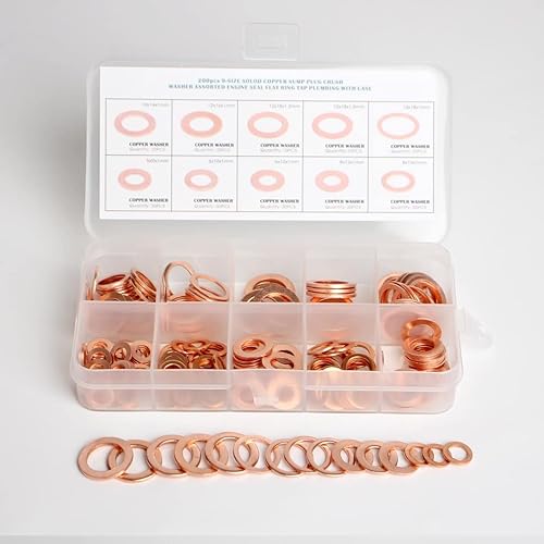 Miniatura 2 de Juego surtido de 200 arandelas de sellado métricas de cobre de 9 tamaños, juego de enchufe de sumidero de anillo plano, junta de sellado de aceite,