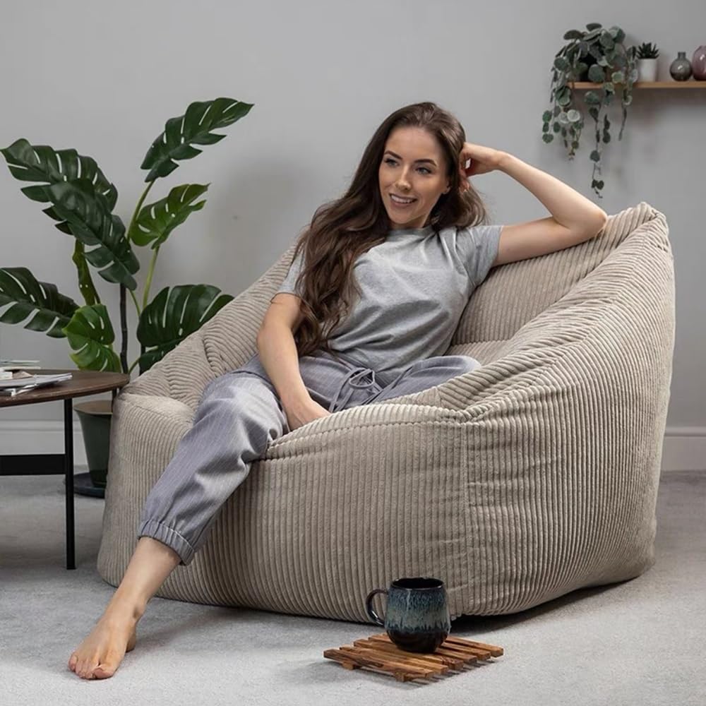 SXBCyan Sitzsack-Bezug Dicker Cord (Ohne Füllung), 1-sitziger Sitzsack-Stuhl, Weicher Pouf, Ottomane, Kinder-Erwachsene-Sitzsack-Stuhl, Fauler Sessel, Couch, Bodenbestuhlung(Beige White,2 in 1 Cover)