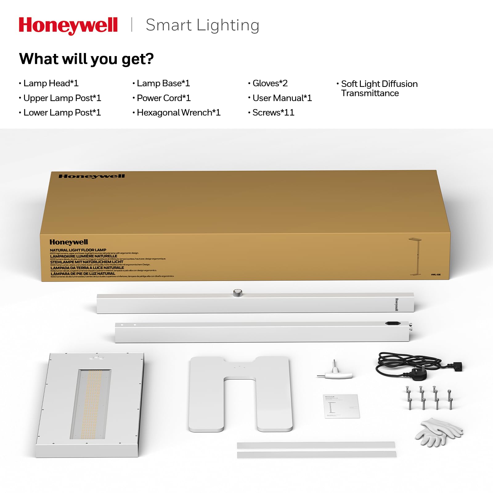 Honeywell 8000LM LED Standleuchte 02E Gen, Sunturalux augenschonende Leselampe, 80W Tageslicht 4000K dimmbar, 196 cm weiße Stehlampe für Wohnzimmer, Kinderzimmer, Arbeitszimmer, Homeoffice