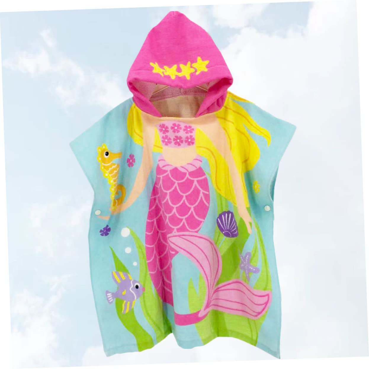 Asciugamano da Spiaggia Indossabile per Bambini, Cappuccio, 60 Cm | Cotone Rosa, Stampa Cartone Animato Sirena, Leggero e Saldo, per Cambio Rapido