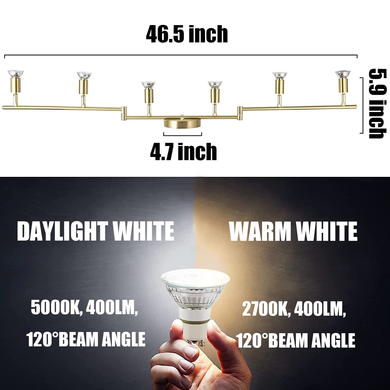 JQiRe 6-Light LED Track Lighting Kit,Gold 6 Way Ceiling Spotlight,Flexibly Rotatable Light Heads,Modern Foldable Kitchen Track Light Fixtures,for Living Room,Hallway-Included 6 LED GU10 Bulbs