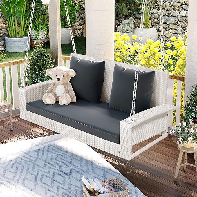 Rattan Double Seater Sofa Swing with Cushions for Patio|| Outdoor|| Garden|| Poolside|| Terrace|| Balcony (All Weather Resistant)(White and Dark Grey)-image-44
