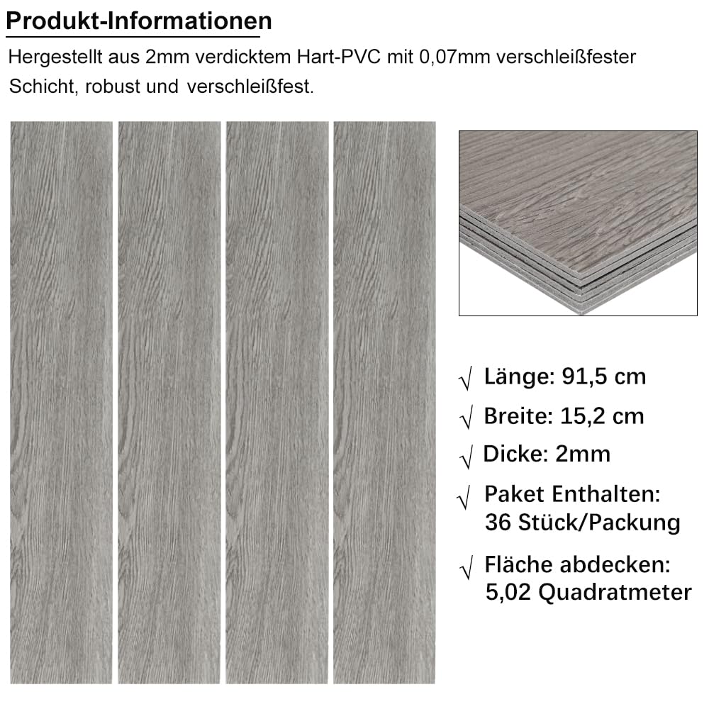 INMOZATA 5,02 m²/36 baldosas de PVC autoadhesivo, suelo de vinilo autoadhesivo, laminado de PVC, 91,5 x 15,2 cm, grosor 2 mm, antideslizante, resistente al agua, se puede cortar(Gris marrón)