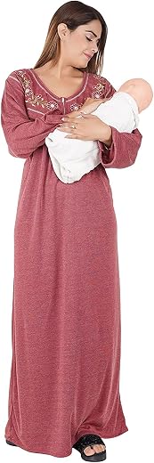 Onekbhalo Women’s- Full Sleeves-Feeding- Nursing- Maternity Nighty/Maxi/Gown/Nightdress/Nightwear- Hosiery Cotton Fabric Floral Print- Embroidery with Zip
