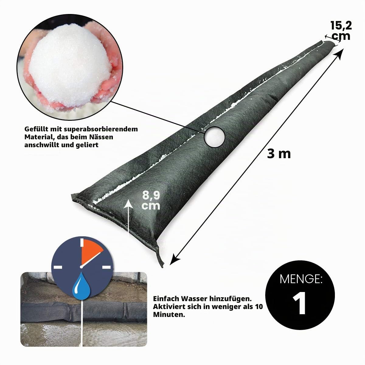 Quick Dam QD610-1 Wasseraktivierte Flutsperre, 1 Stück, schwarz, 3 m