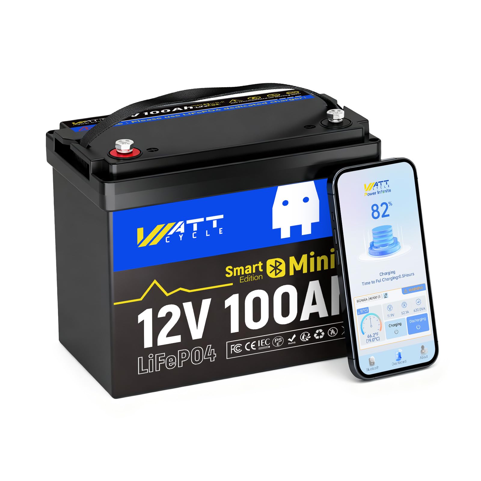 Wattcycle Batterie Lithium 12V 100Ah Mini Bluetooth,12V LiFePO4 1280Wh