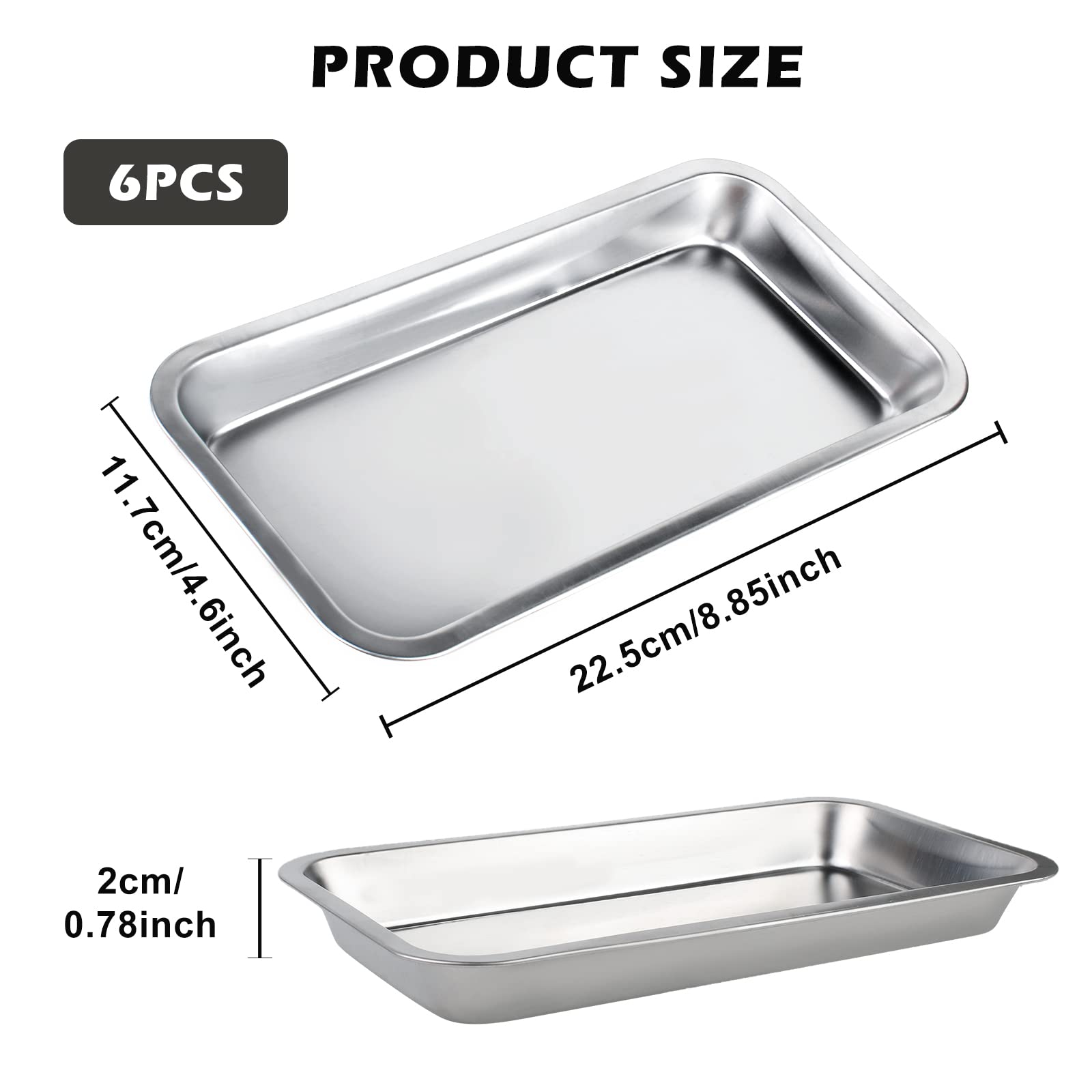 Vegena Lot de 6 plateaux de service en acier inoxydable - Plateau médical de laboratoire - Petit plateau argenté pour appareils de laboratoire, outils dentaires