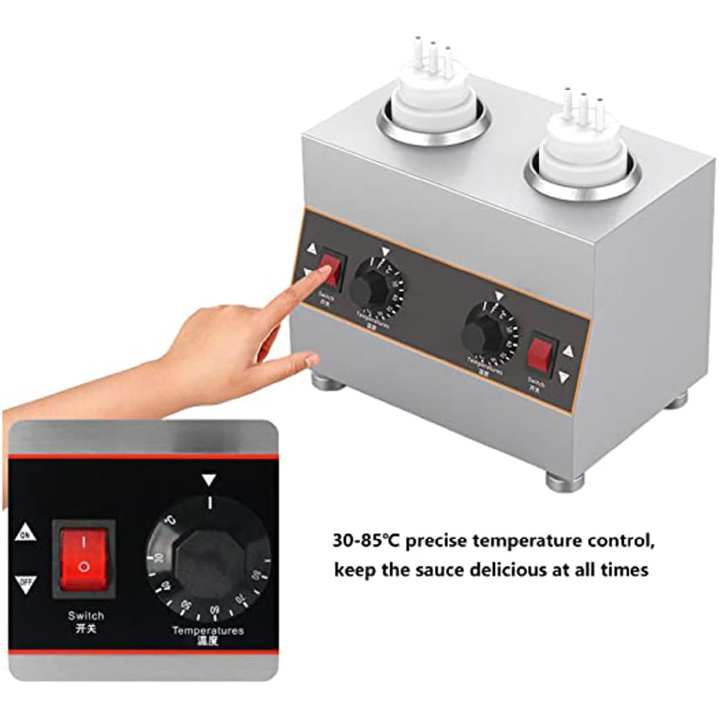 Distributeur De Sauce Chauffant 4 Têtes - Pompe Doseuse Inox 640W, 30-85°C - Pour Bouteilles 650ml - Usage Professionnel