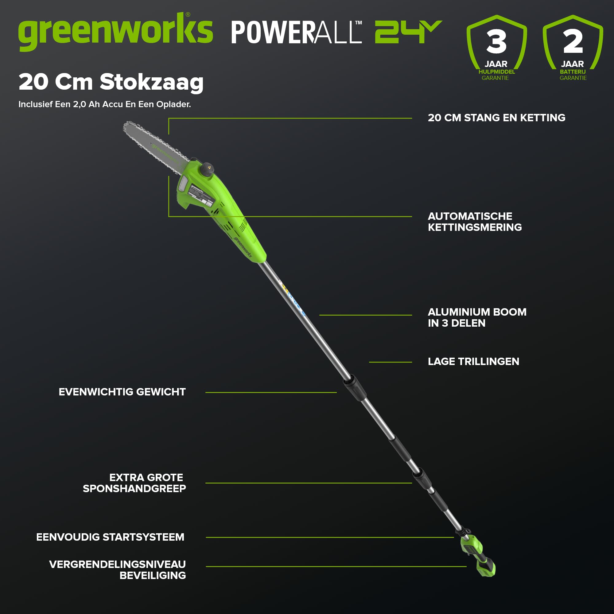 Greenworks Ciężarka akumulatorowa 24 V, 20 cm, zasięg 2,68 m, do cięcia drzew, elektryczna piła łańcuchowa z automatycznym olejowaniem, prędkość łańcucha 6,7 m/s, akumulator 2 Ah i ładowarka USB C 30
