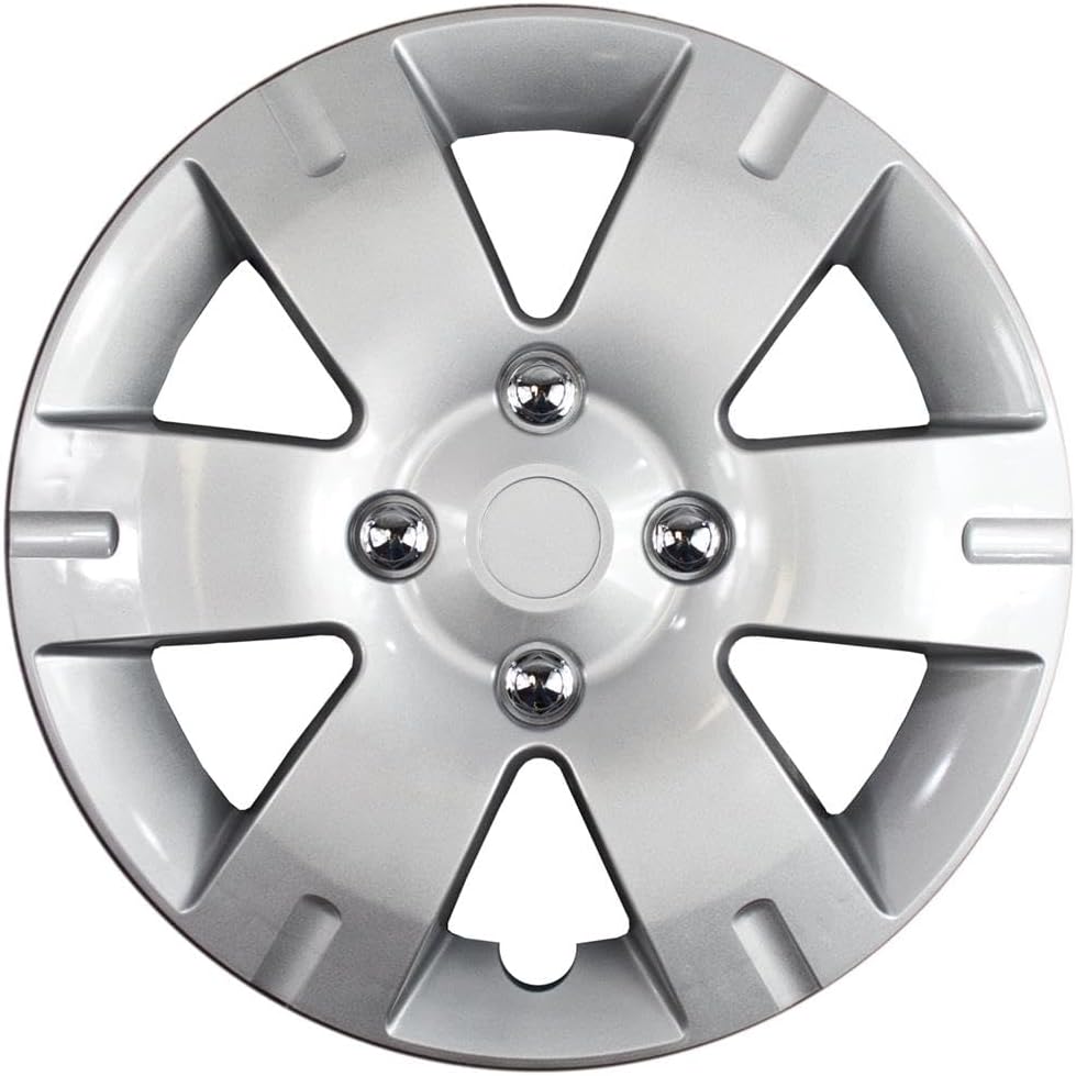 New Wheel Covers Hubcaps Replacements Fits 2007-2012 Nissan Sentra; 15 Inch; 6 Spoke; Silver Color; Plastic; Set of 4; Standard Leg