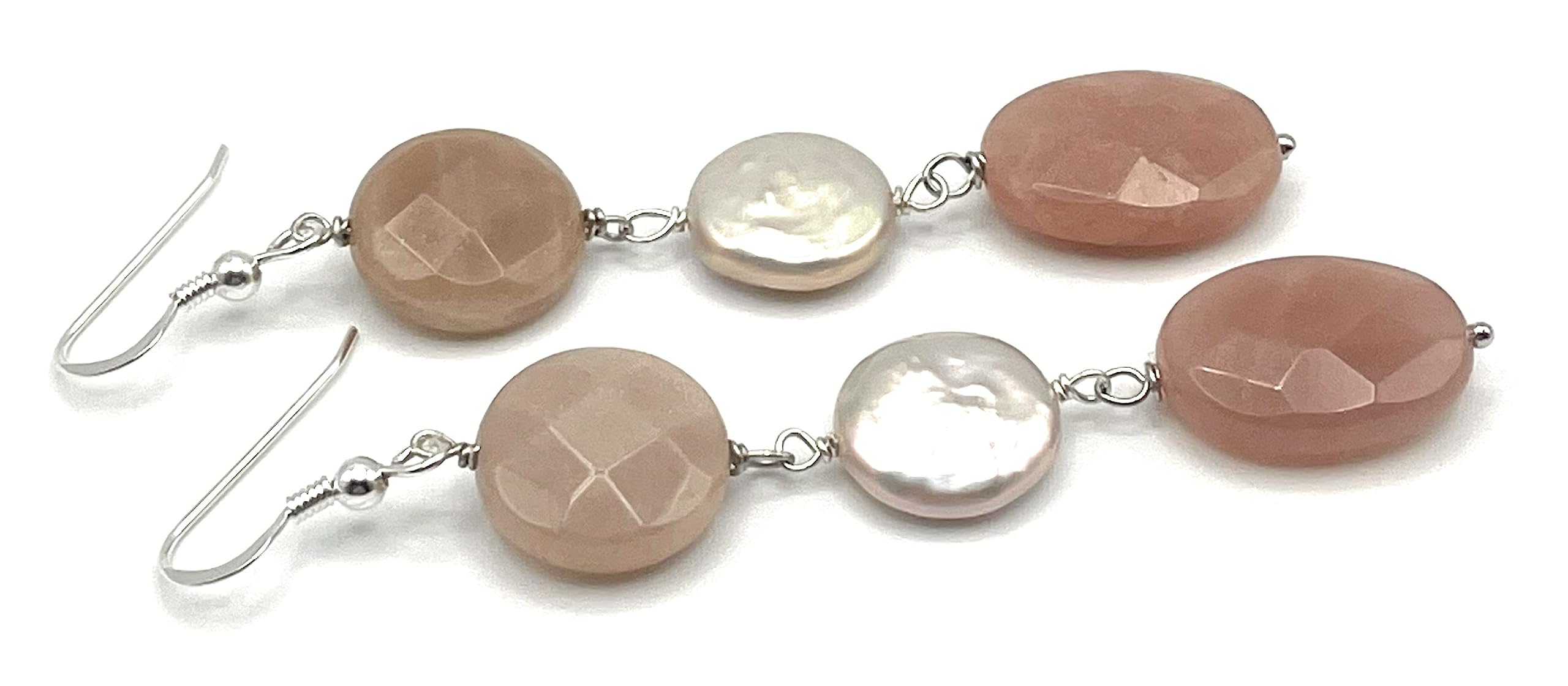 Orecchini con Perle Rosa e Pietra del Sole Beige, Pendenti in Argento 925, Gioielli Artigianali Moderni, Bijoux Pietre Naturali, Regalo