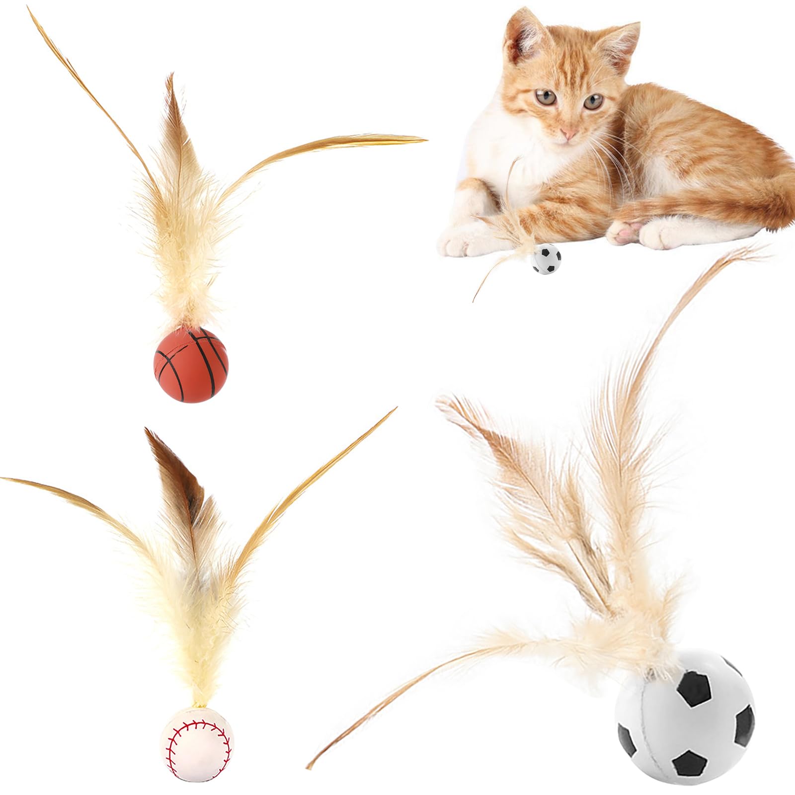 KIPTVO 3pcs Feather Ball Cat Toy, Interactive, Kitten for Indoor Cats Interactive Feather for Indoor Entertainment Bouncy
