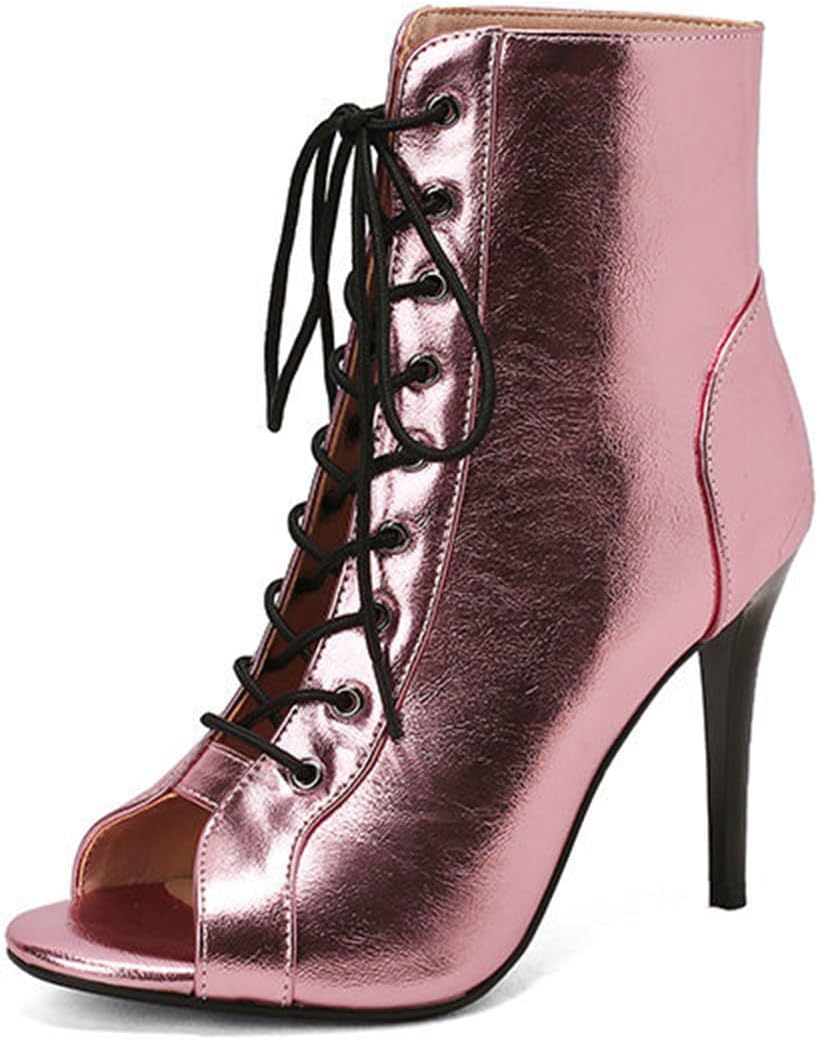 Women'S Fashion Patent Leather Open Toe Lace Up Stiletto Ankle Booties Sexy Comfort Zipper High Heels Gladiator Summer Booties For Party Evening Night Dates