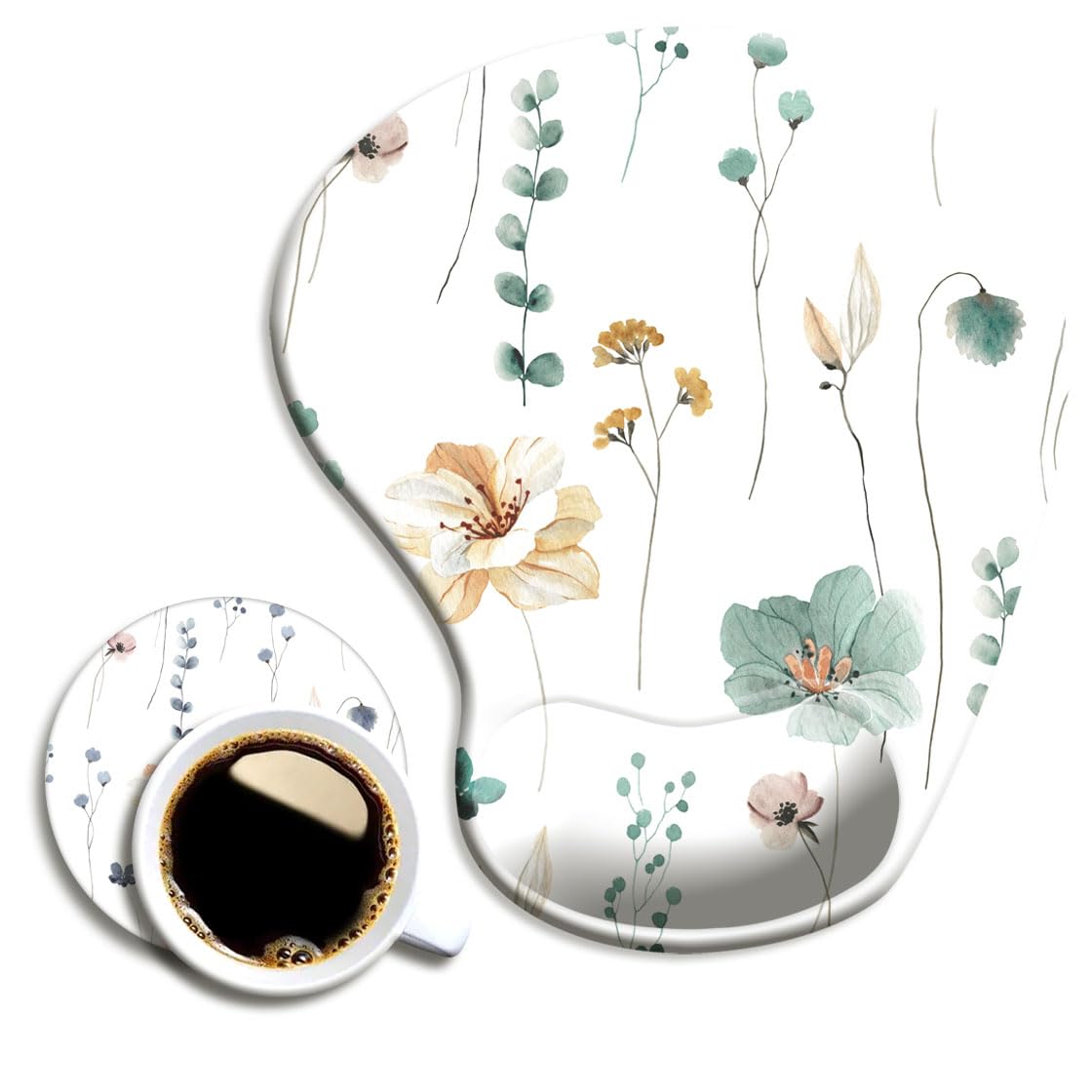 DookeErgonomic Mouse Pad with Wrist Support and Coaster,Mouse Pads with Non-Slip PU Base for Home Office Working Studying Easy Typing & Pain Relief Botanical Green