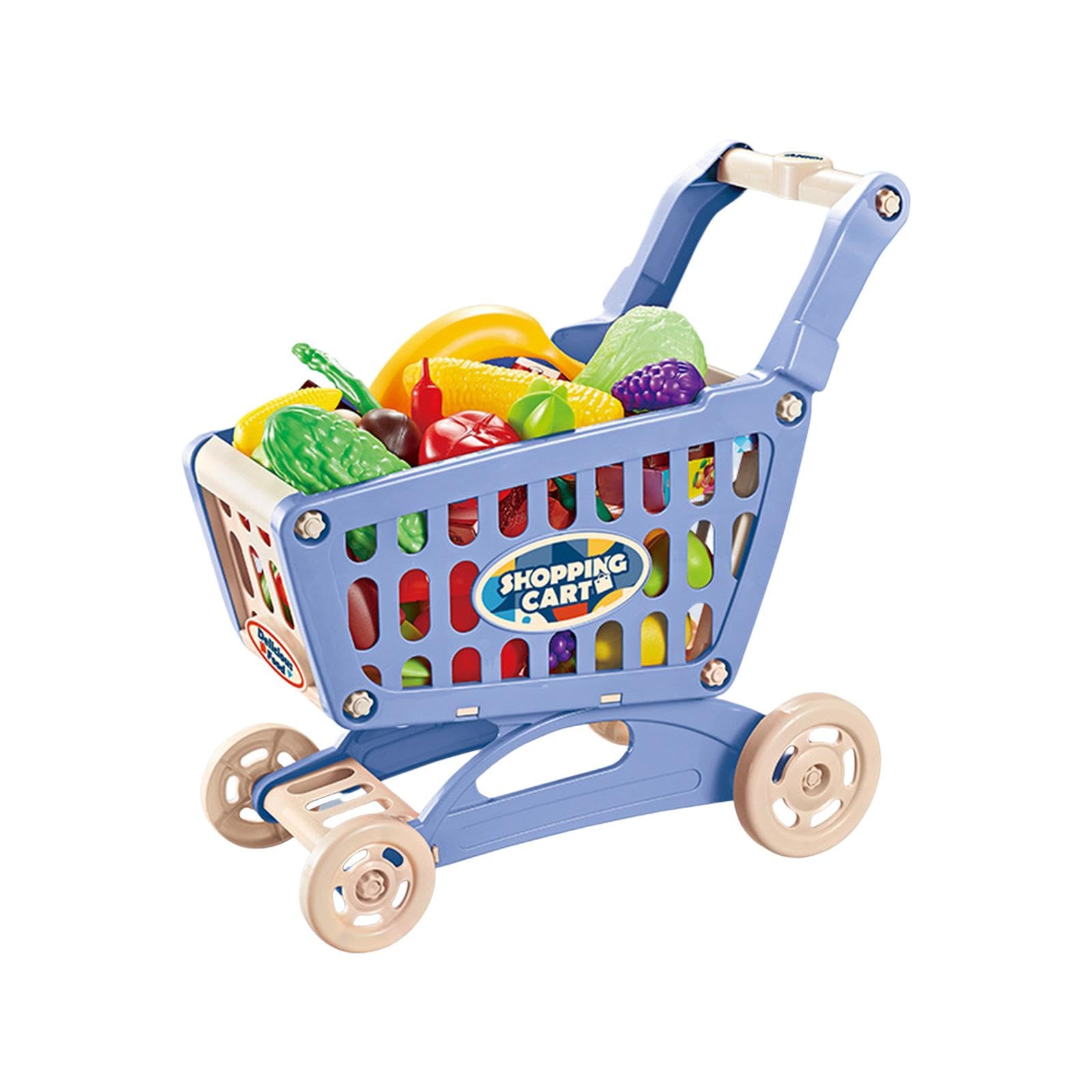 Set di Gioco con Carrello, Carrello della Spesa Giocattolo, Grande capacità con Accessori Alimentari, Mano da Supermercato Giocattolo per a, Blu