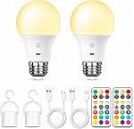 E26 Ampoules lumineuses fonctionnant par batterie avec télécommande & Toucher, A19, 2600mAh, 2 Emballage LED Ampoules rechargeables, 3 CCT, 9 RGB Couleurs & 2 Modes, USB-C, Dimmable, 3 Réglages de minuterie, crochet, pour lampes sans puissance