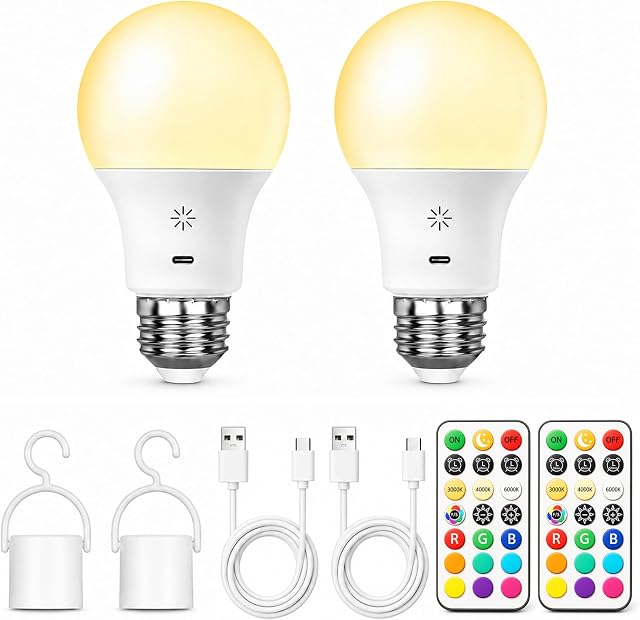 E26 Ampoules lumineuses fonctionnant par batterie avec télécommande & Toucher, A19, 2600mAh, 2 Emballage LED Ampoules rechargeables, 3 CCT, 9 RGB Couleurs & 2 Modes, USB-C, Dimmable, 3 Réglages de minuterie, crochet, pour lampes sans puissance