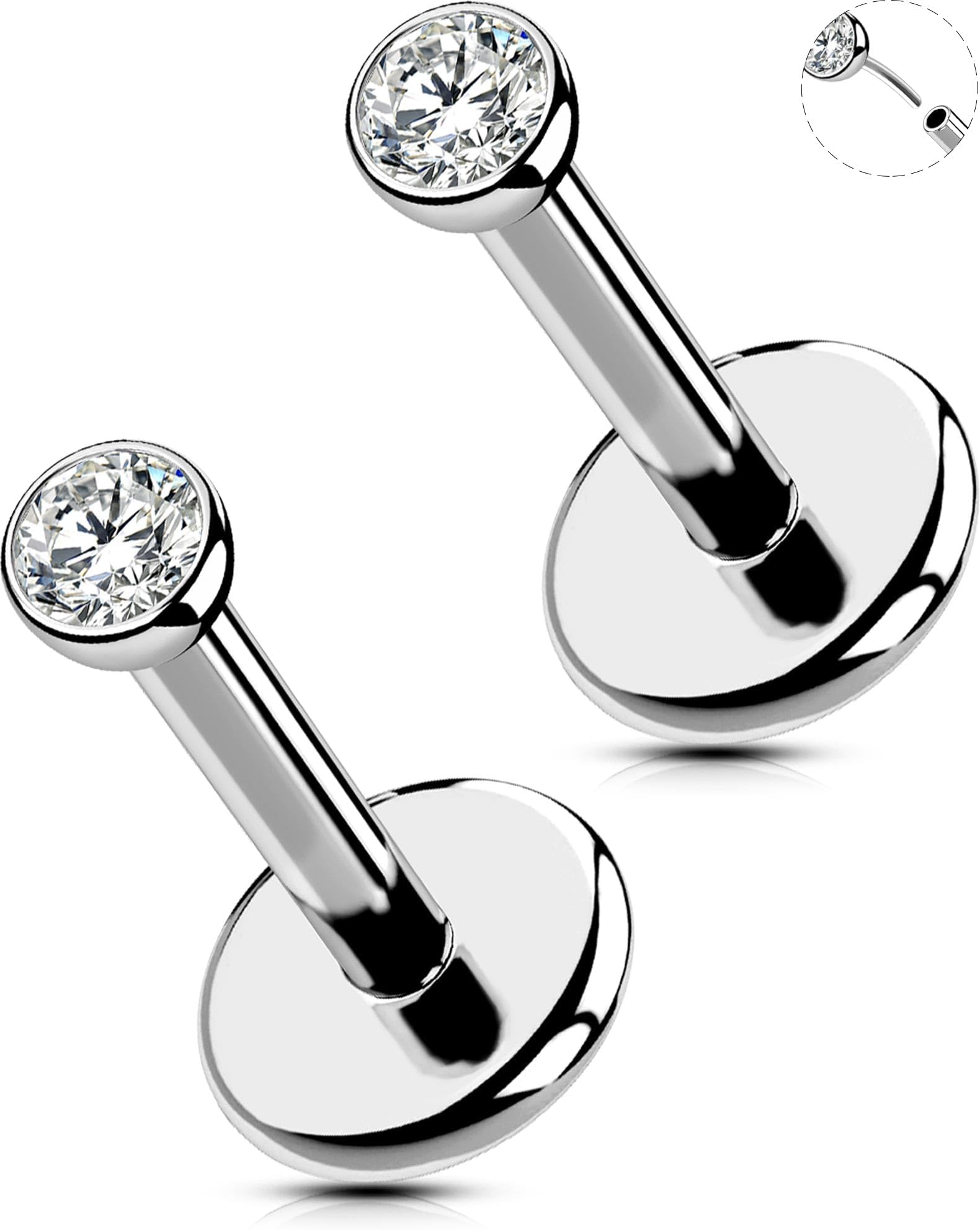 2Pcs 20G/18G/16G G23 Titanium Threadless Nose Stud Earrings Flat Back Tiny CZ Small Nose Helix Cartilage Tragus Conch Labret Medusa Monroe Piercing Jewelry for Women Men