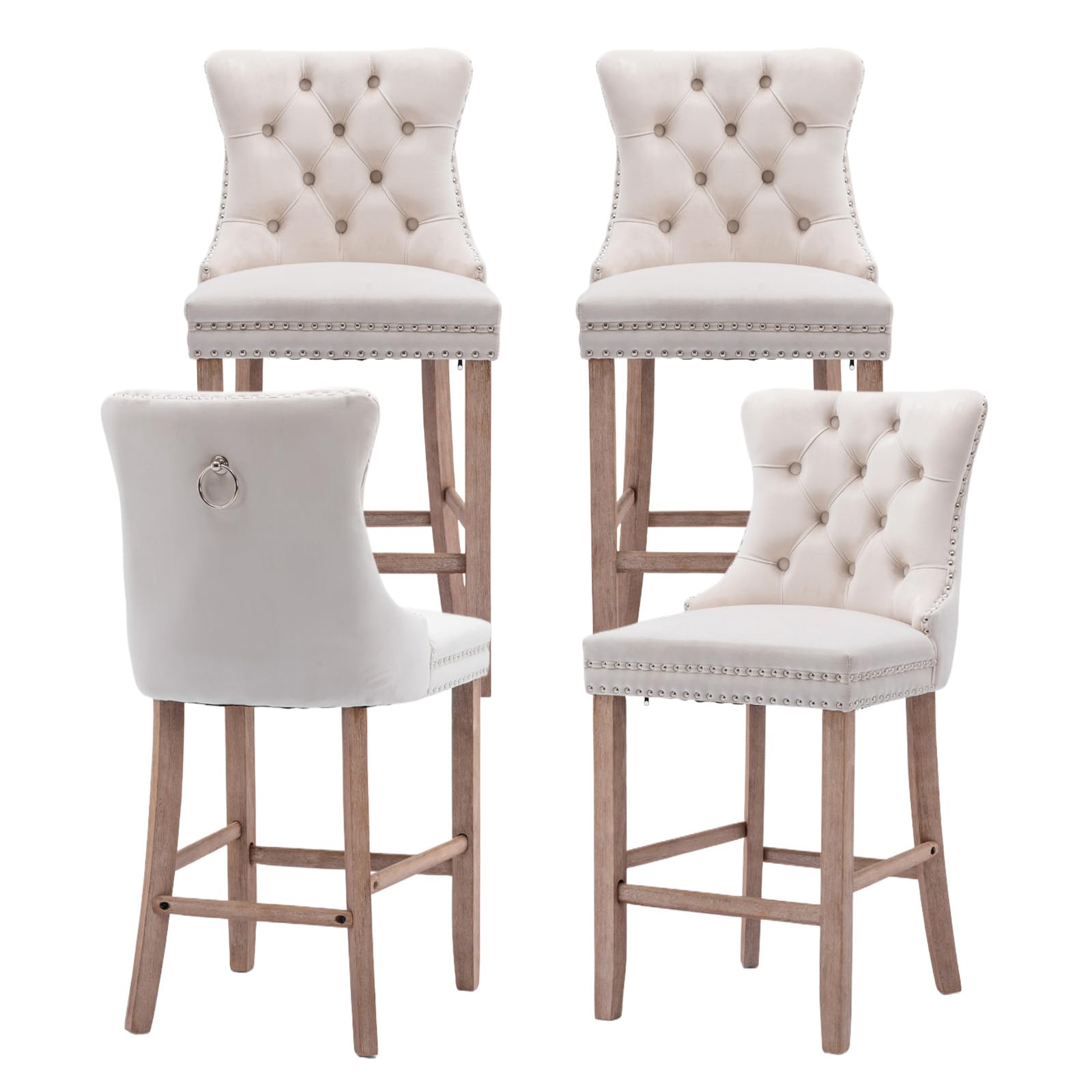 SoarTalent Velvet Upholstered Bar Stools Set of 4 with Back and Wood Legs, Metal Pulling Ring, Armless Counter Height Barstools for Kitchen Island,