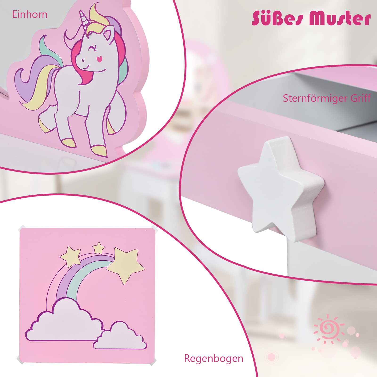 DREAMADE Kinder Schminktisch mit Hocker und Abnehmbarer Spiegel, Prinzessin Frisiertisch für Kinder, Frisierkommode mit Schublade, Kinderschminktisch für Mädchen (Weiß)