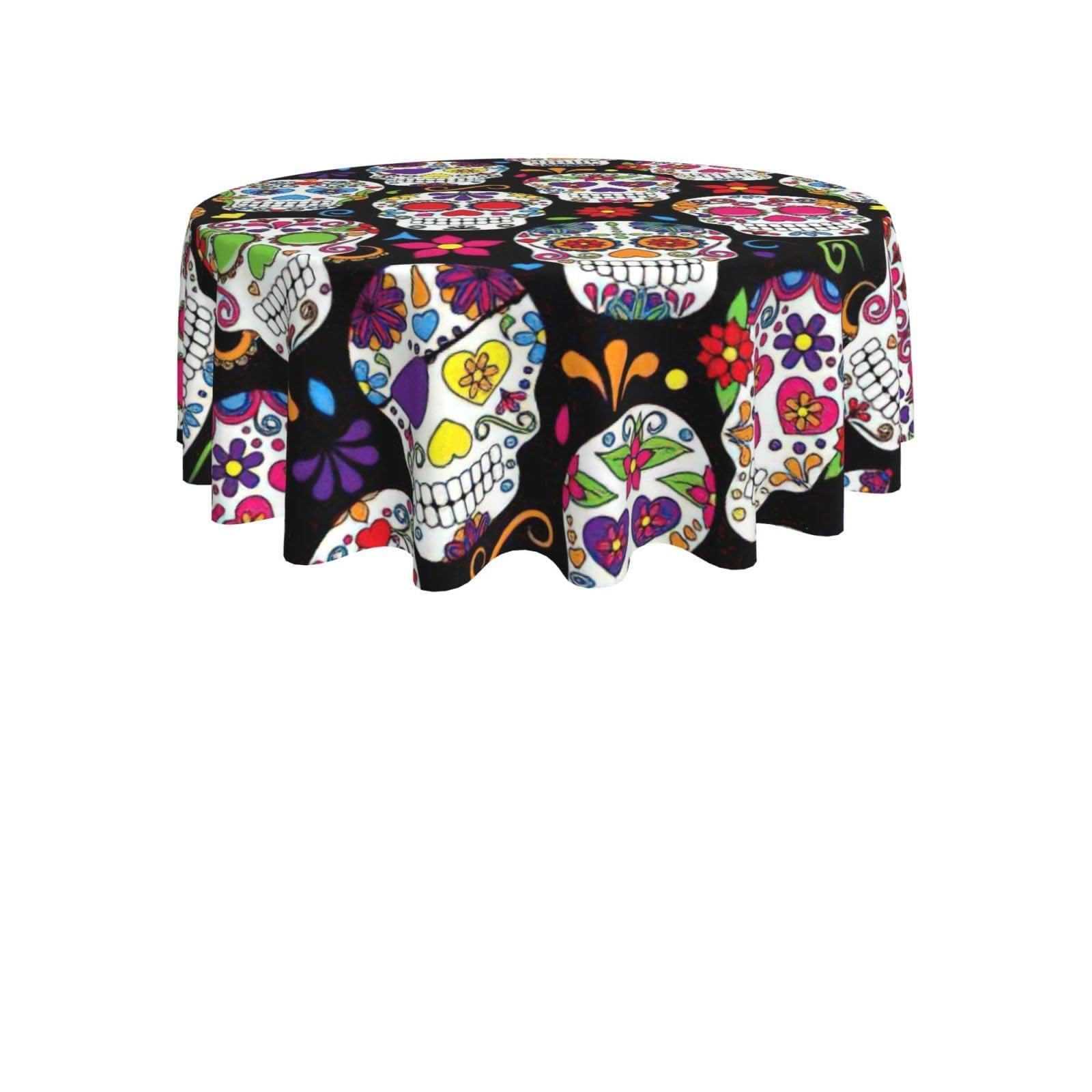 ENGhjes Sugar Skulls Print Round Tablecloth 60in Washable Stainproof Polyester Cloth for Kitchen Idea