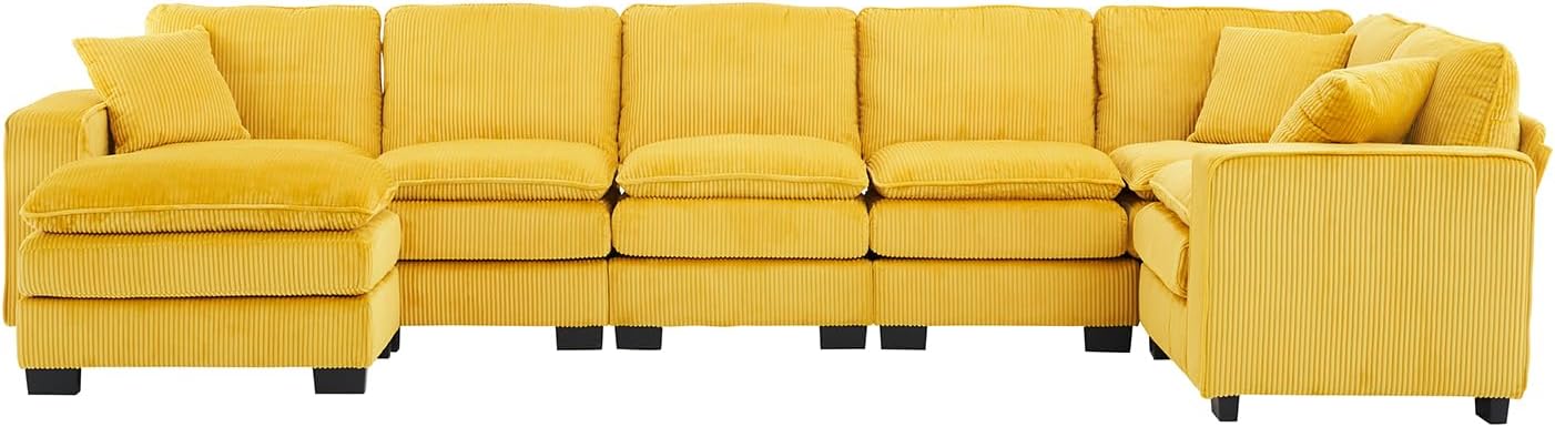 143" Large Modular Sectional Sofa, Convertible U - L Shaped 6-Seat Sofa Couch with One Ottoman Chaise and Pillows Sectional Couches Comfy Corduroy Upholstered Sofa Sleeper for Living Room (Yellow)