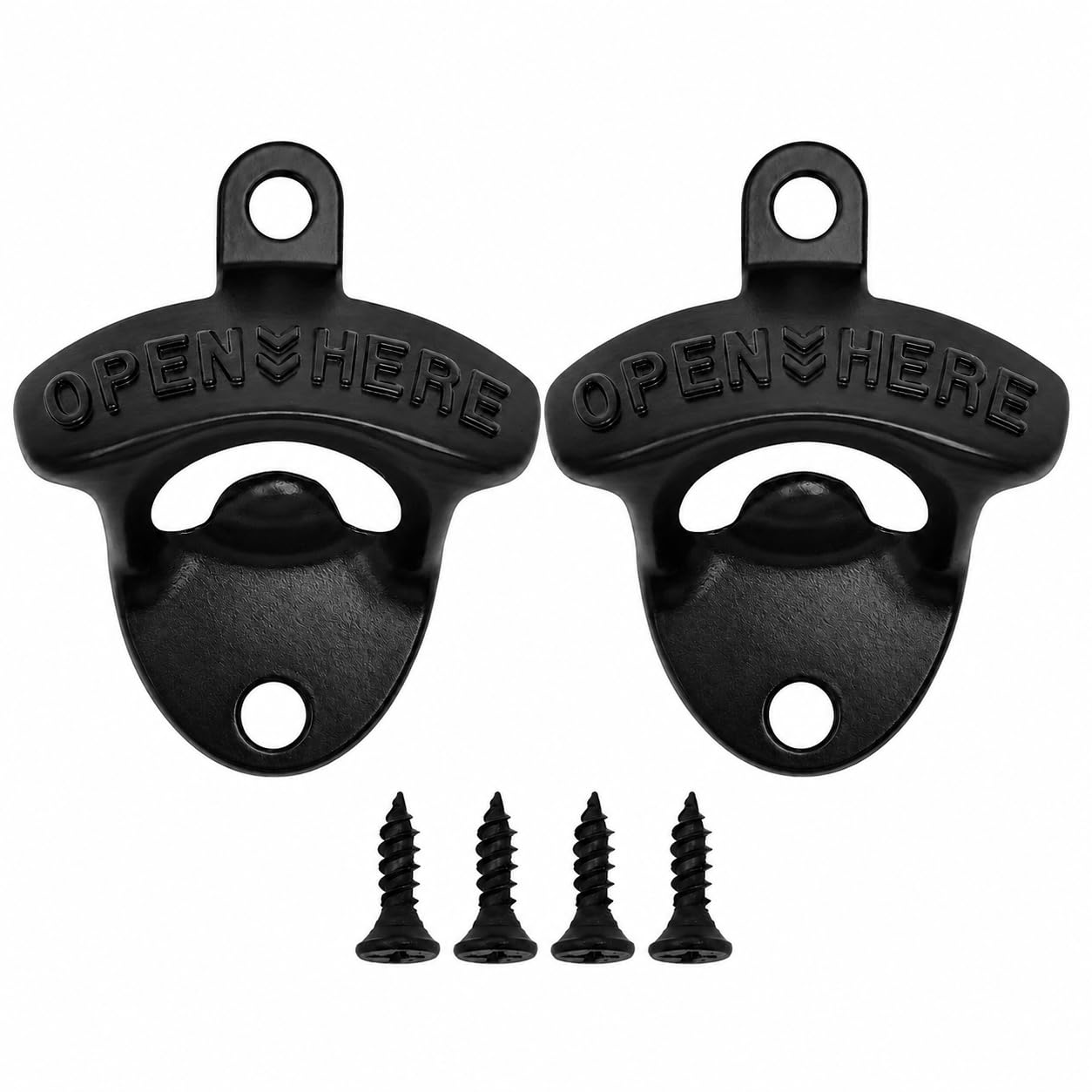Set of 2 Black Wall Mounted Bottle Openers, Zinc Beer Bottle Cap Openers with Screws, Retro Open HERE Design for Kitchen Home Bar Pub Garage Shed