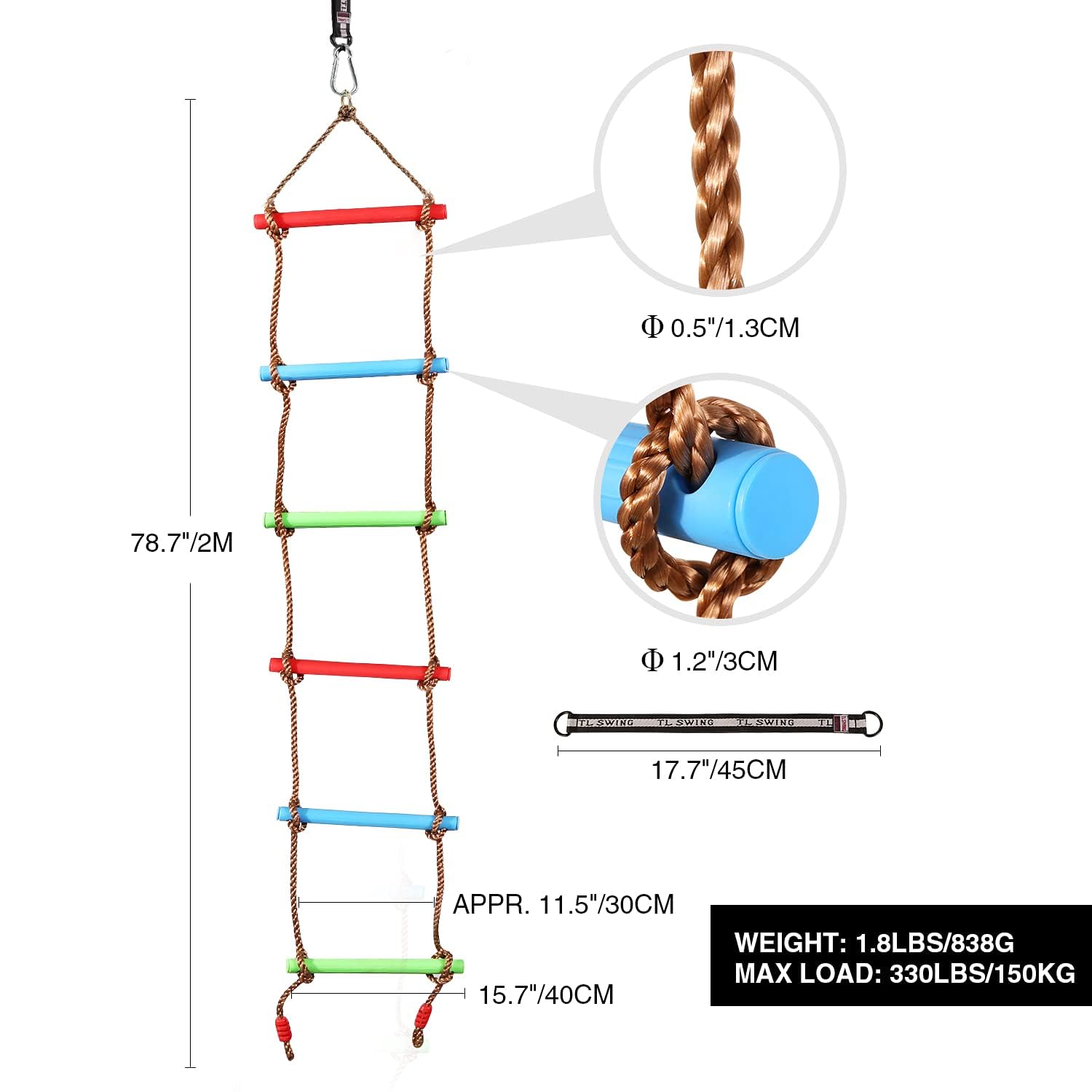 RedSwing Rope Ladder and Pro 3-in-1 Disc Swing Seat Combo, Climbing Ladders for Swingset, Hanging Rope Ladder with Strap and Snap Hook, Great for Play Set, Outdoor, Tree House, Playground