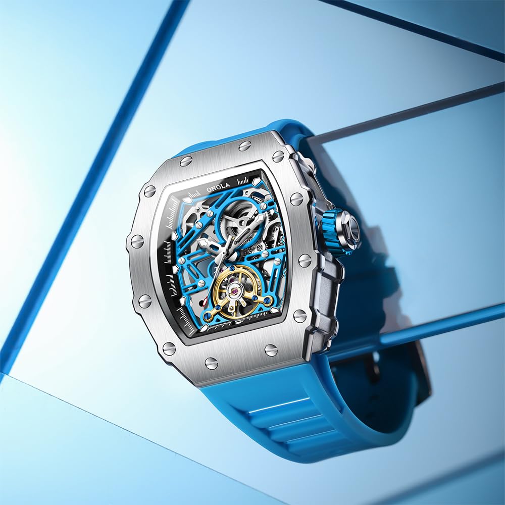 Tonneau, orologio da polso da uomo, completamente automatico, con timone, volano, orologio meccanico Tourbillon, scheletro, impermeabile, alla moda