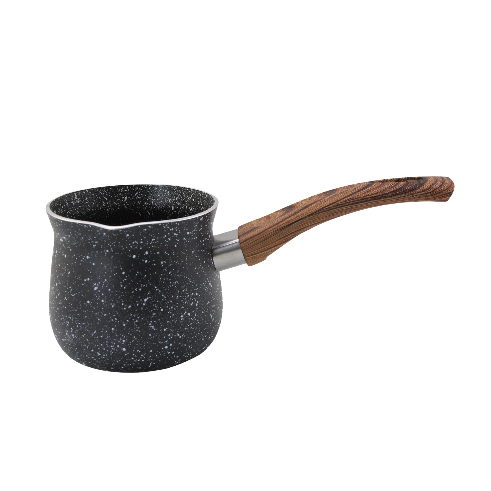 Coffee Warmer with Wooden Handle - Melting Pot | Turkish Coffee Pot with Granite Coating | For Preparing Turkish Coffee 9.5cm Marble Black