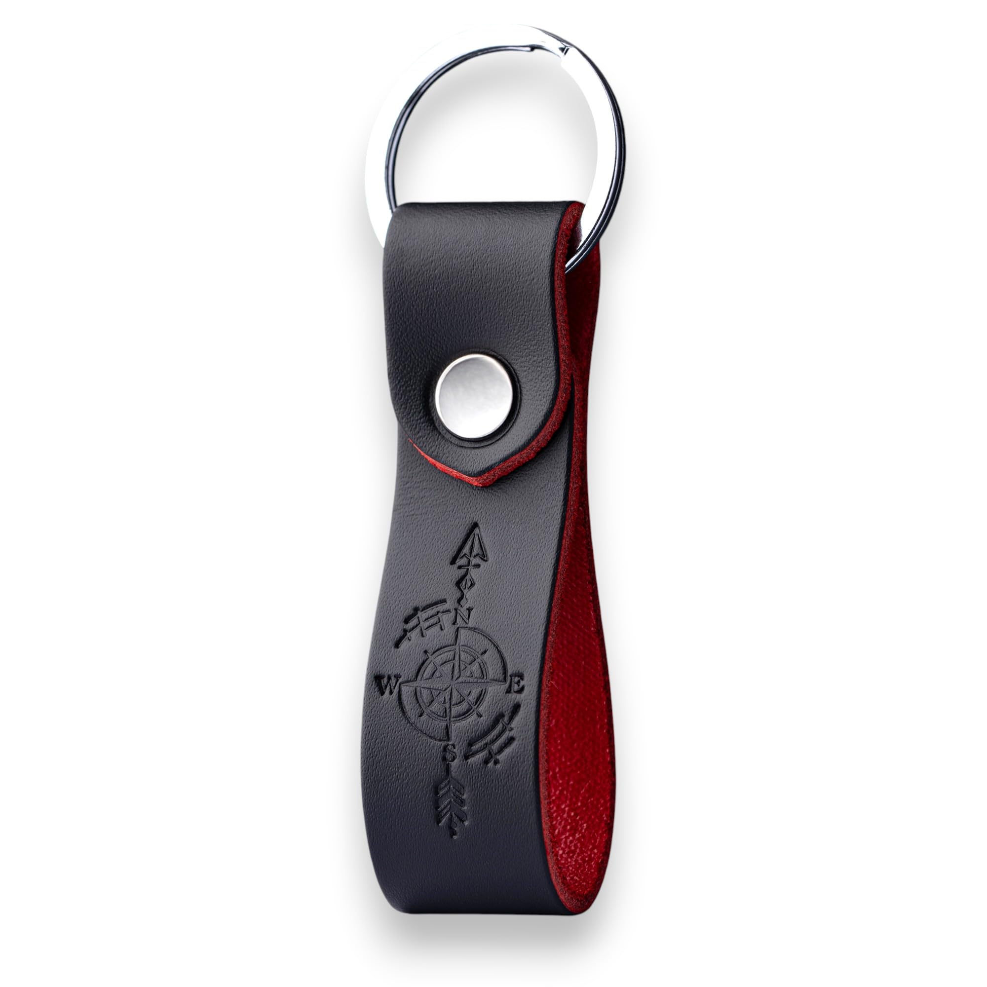 MAGOR Full Grain Leather Keyring, Elegant Black Key Ring with Red Interior, Car and Home Keychain, Hot Embossed Design, Personalised Premium Gift for Him or Her (Compass)