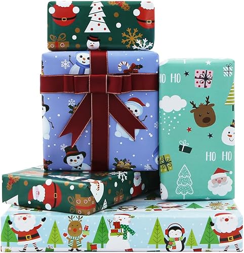 Hojas planas plegadas de papel de regalo de Navidad (30 x 20 pulgadas por hoja, 4 hojas, 1 diseños 15 pies cuadrados ttl) con cinta de borde dorado