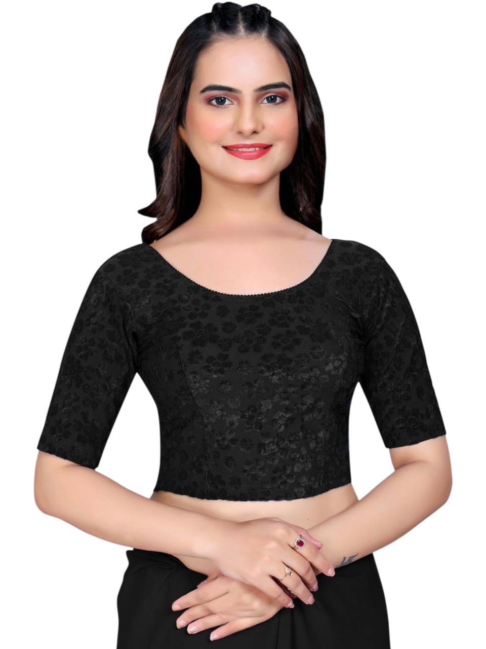 LALIMA Hand Art Black Women's Readymade Saree Blouse, Round Neck, Half Sleeve, Stretchable Fabric, Ready to Wear-image-48