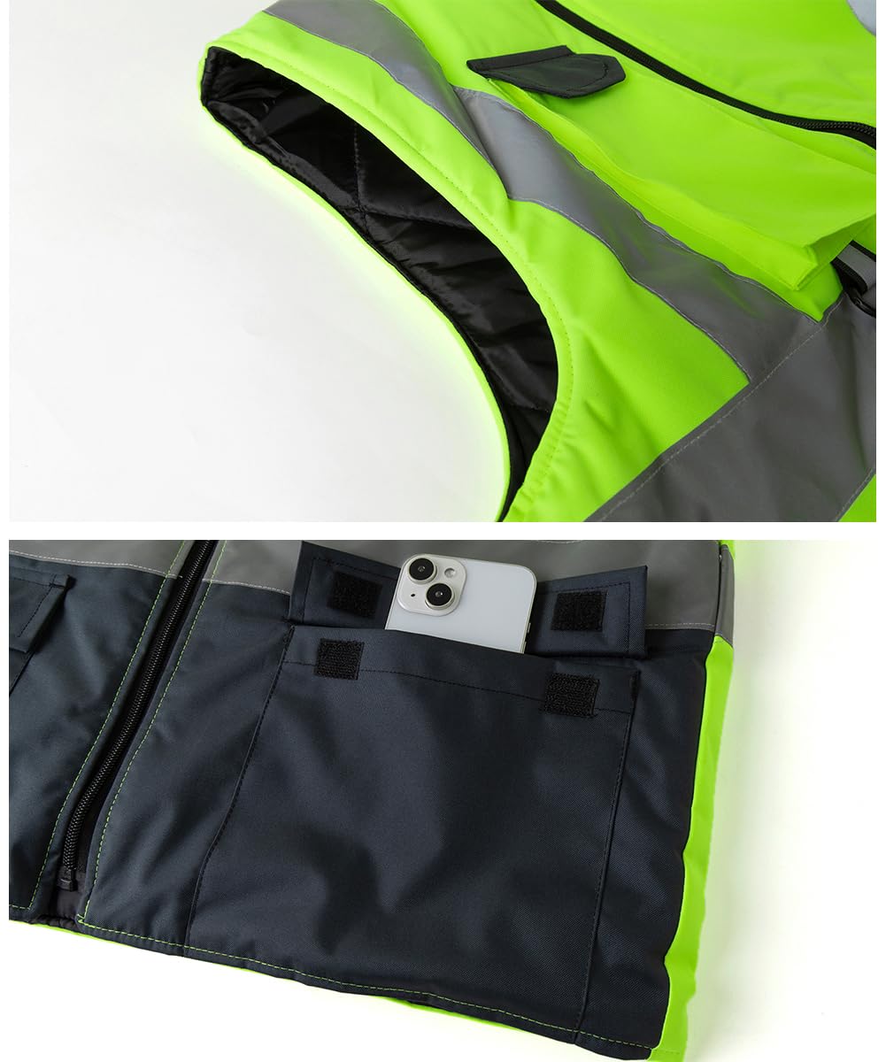 Gilet Imbottita di Sicurezza Invernale Giubbotto Catarifrangente Adulto Smanicato Gilet da Lavoro ad Alta visibilità, Verde+Nero, L