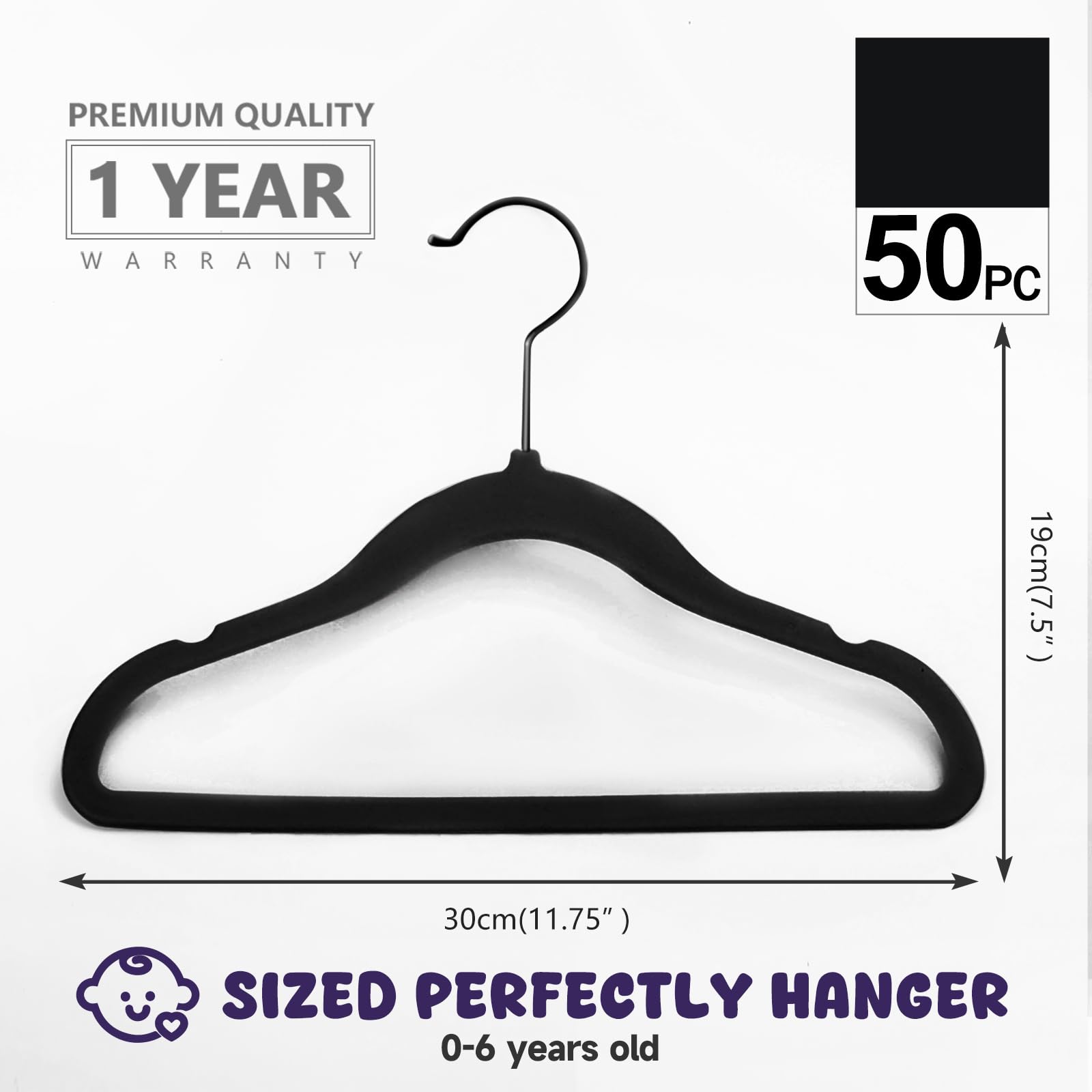 MIZGI Perchas de Terciopelo prémium para niños (Paquete de 50) con Ganchos Negros, ultradelgadas, para Ahorrar Espacio, Antideslizantes, para Faldas de niños, Pantalones de Vestir, Perchas de Ropa