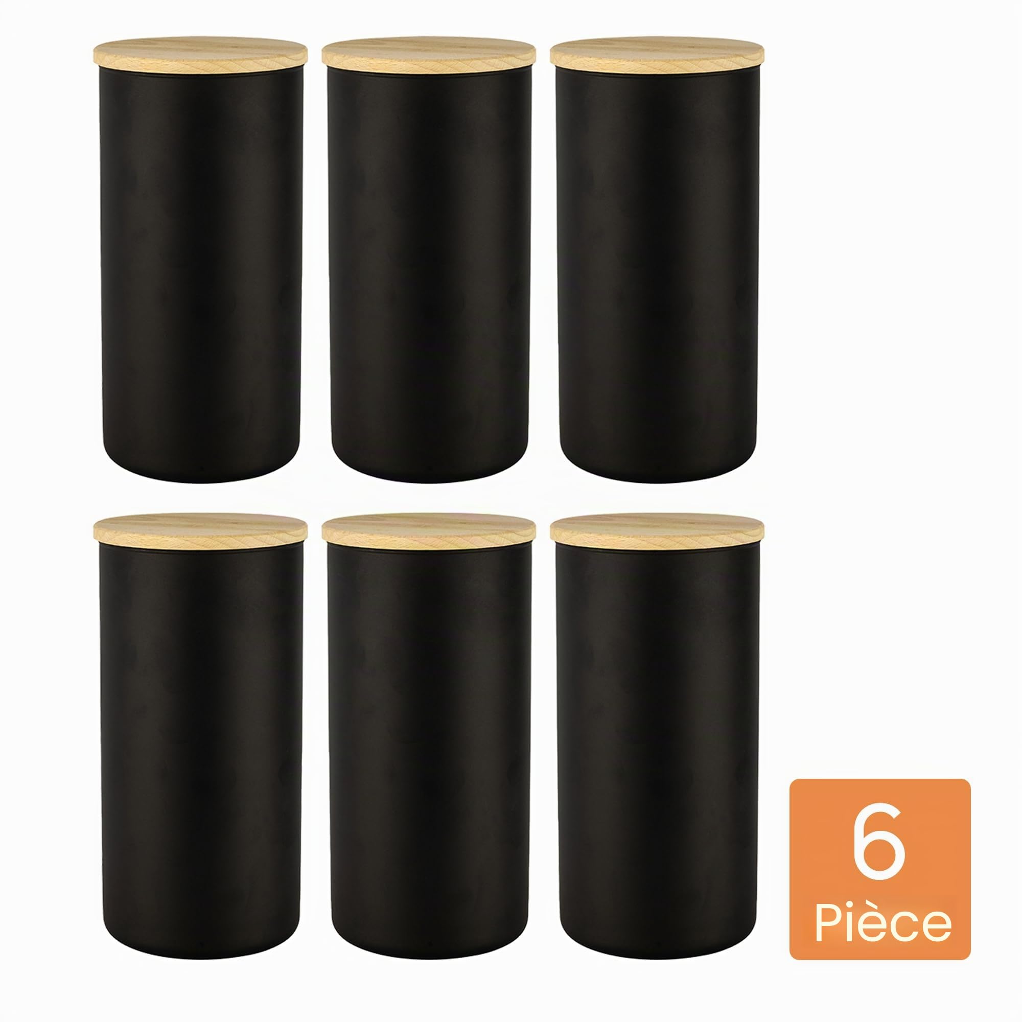 TREND FOR HOME Lot de 6 boîtes de conservation en verre noires avec couvercle en bois hermétique 1385 ml - Pour thé, céréales, grains de café, épices