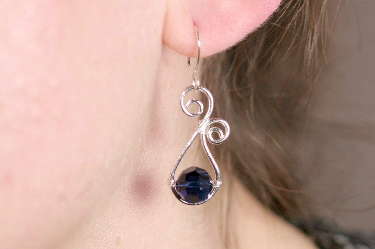 Jessica Luu Jewelry Sterling Silver Navy Blue Dangle Earrings Dark Indigo Austrian Crystals Handmade