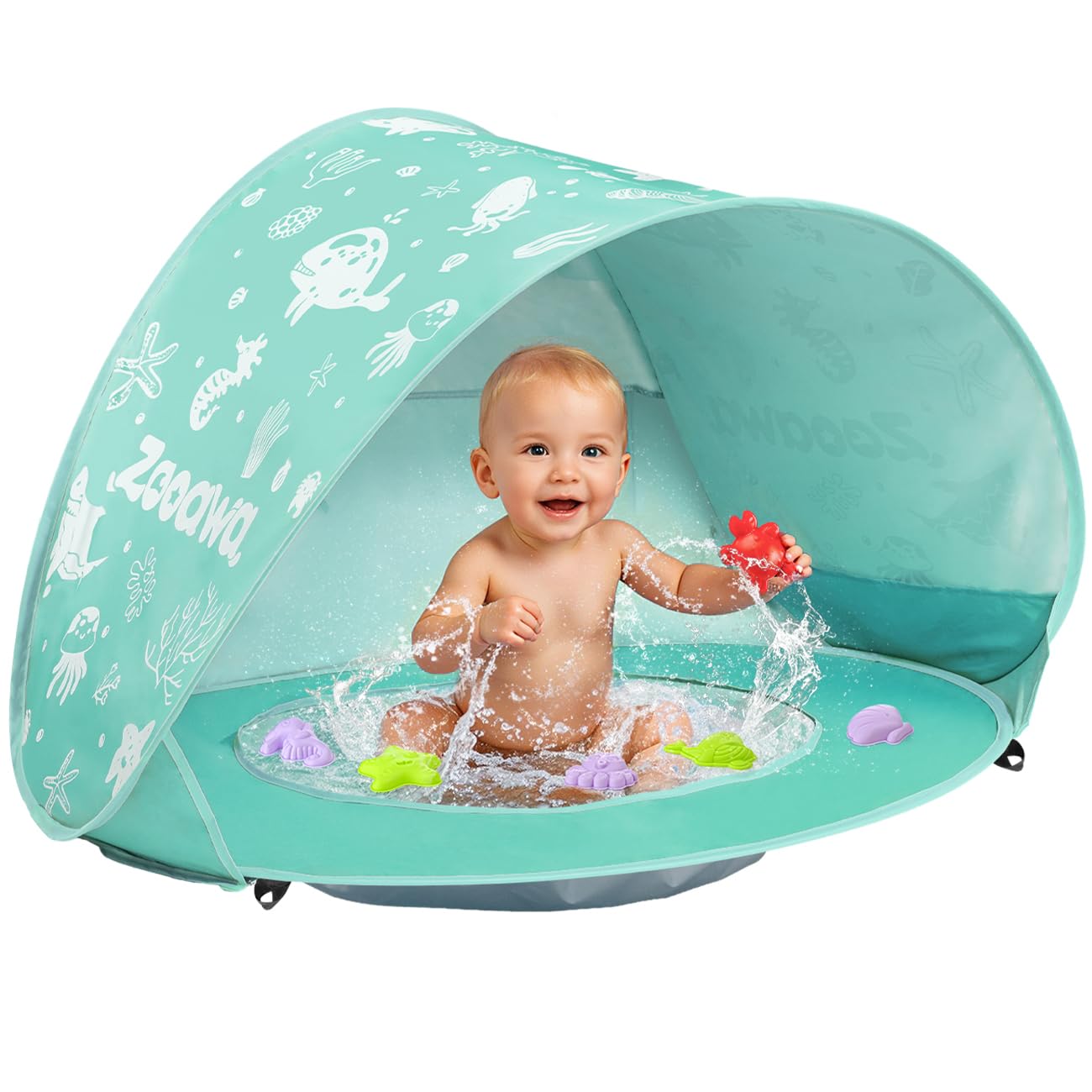Tente Anti-UV Bébé, Grande Tente de Plage pour Bébé avec Mini-Piscine-Système Pop-Up avec Jouets, Protection Solaire FPS 50+ pour Maison, Cour, Camping, Menthe Verte