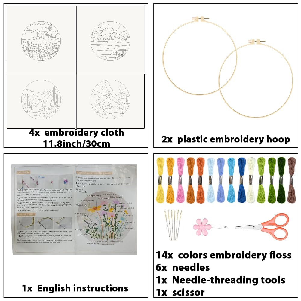 ORIGACH Kit de iniciación de bordado de paisaje de 4 piezas para principiantes, montaña, lago, desierto, paisaje rústico, kit de práctica de puntada que incluye paño de bordado, aros de bordado, hilos