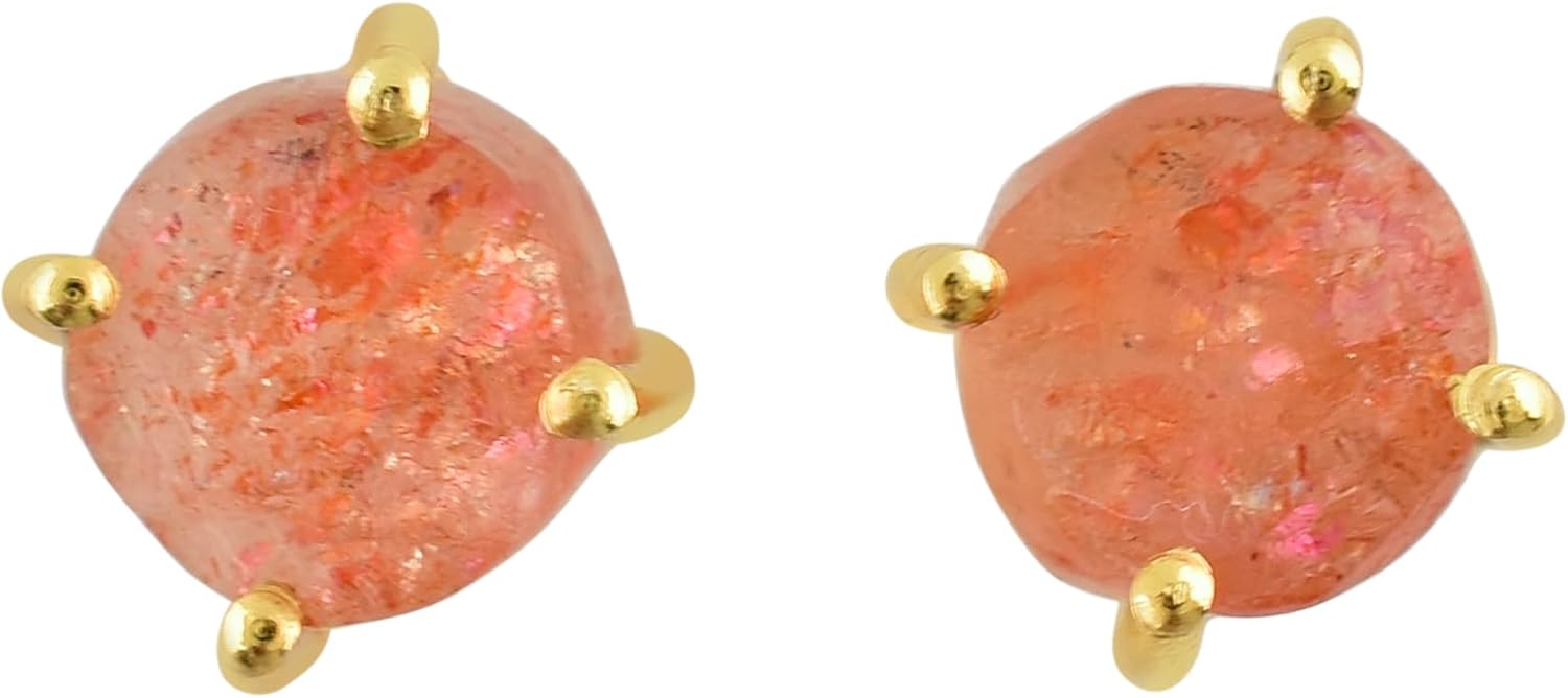 Raw Gold Stud Earrings For Women Natural Gemstone Dainty Pair, Birthstone Energy Crystals Jewelry 14K Gold Plated Flat Back Earrings Trendy Gifts For Mom