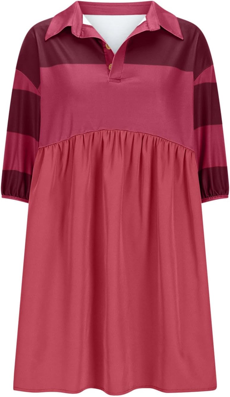 Women's Summer Casual Dresses Beach Vacation Short Sleeve Button V Neck Color Block Pleated Flowy Sweatshirt Dress