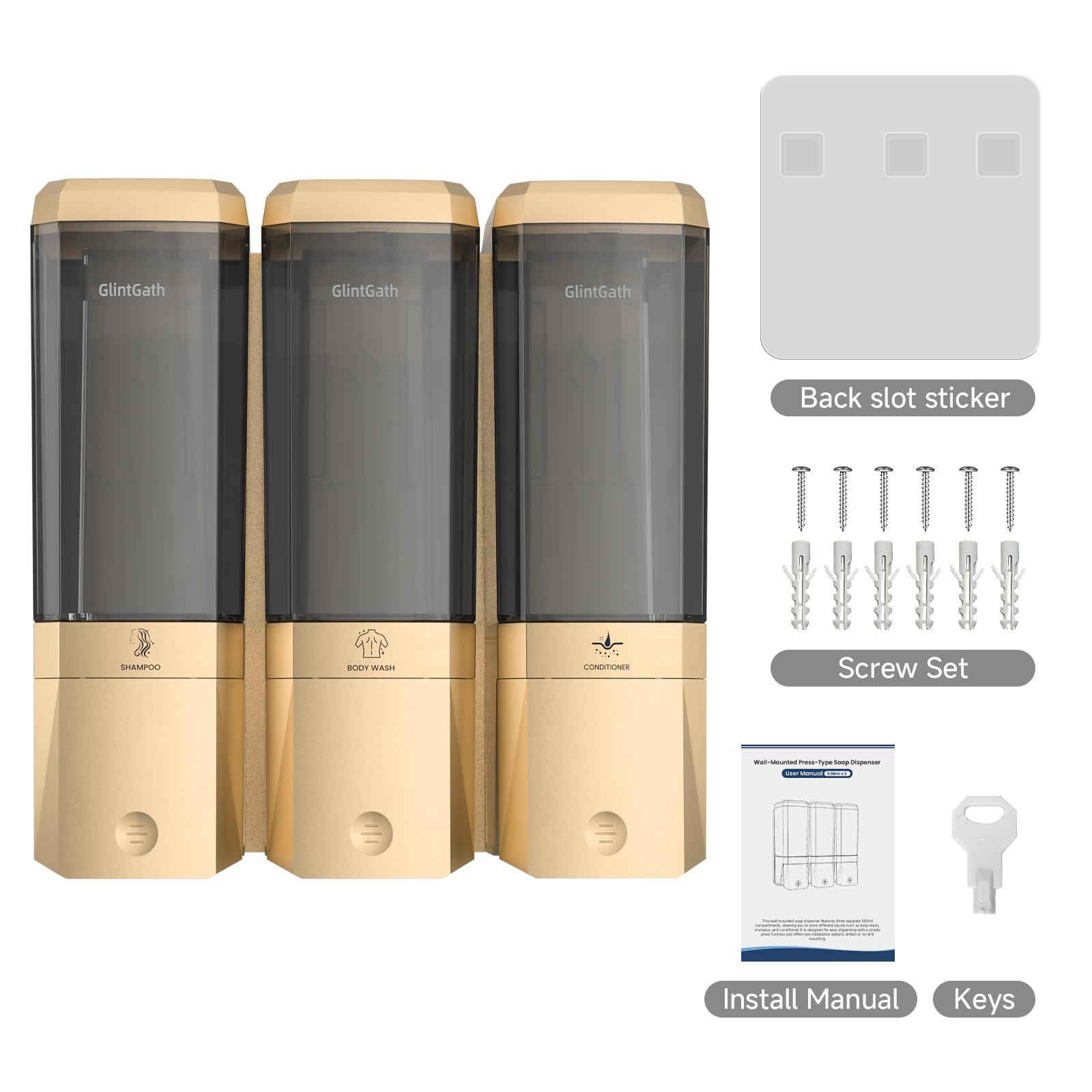 Dispenser per shampoo e balsamo, dispenser per doccia a 3 camere, senza trapano, dispenser per shampoo per doccia a parete per bagno hotel, grande capacità 3 x 500 ml, oro